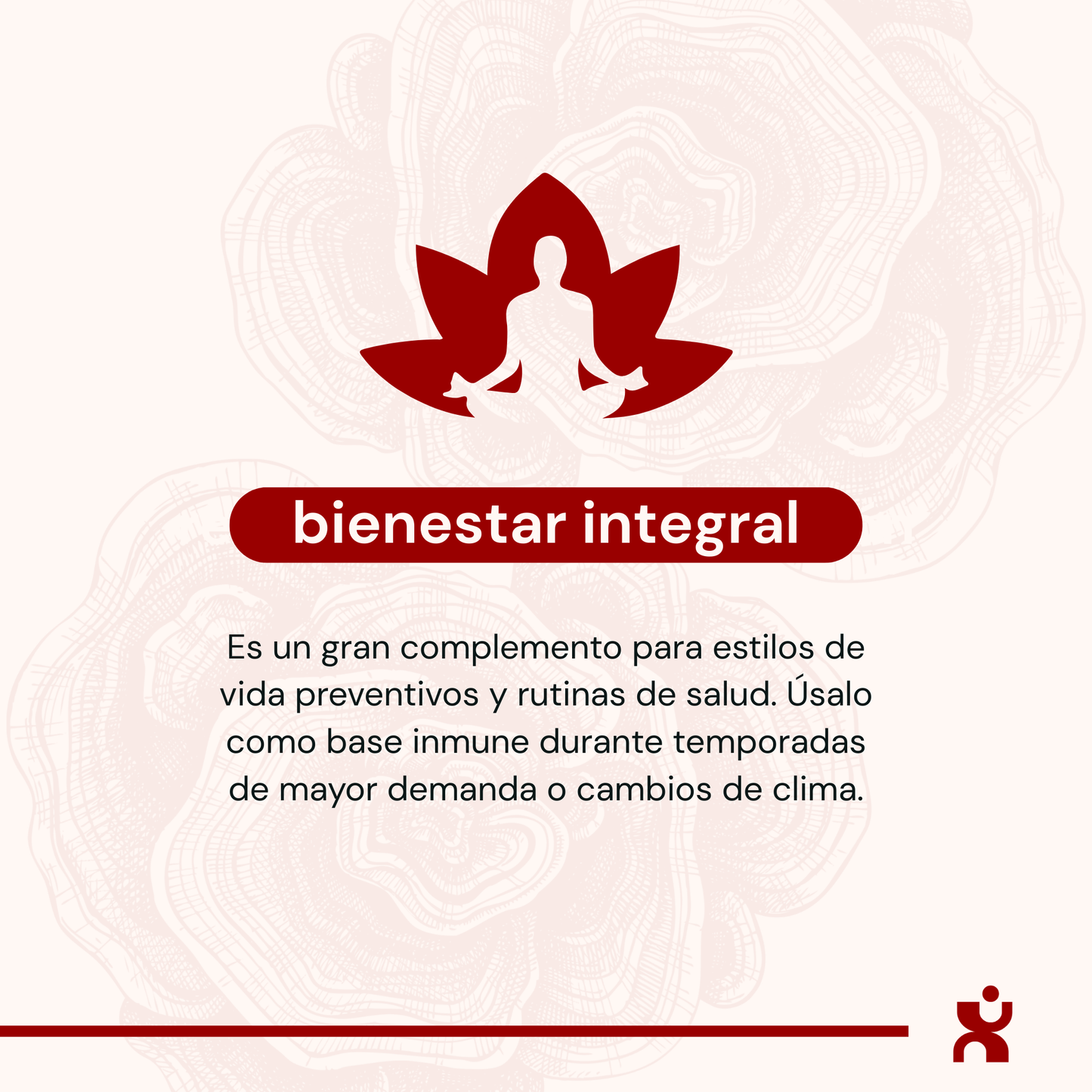 Infografía de Cola de Pavo sobre bienestar integral y apoyo al sistema inmune con silueta de meditación.