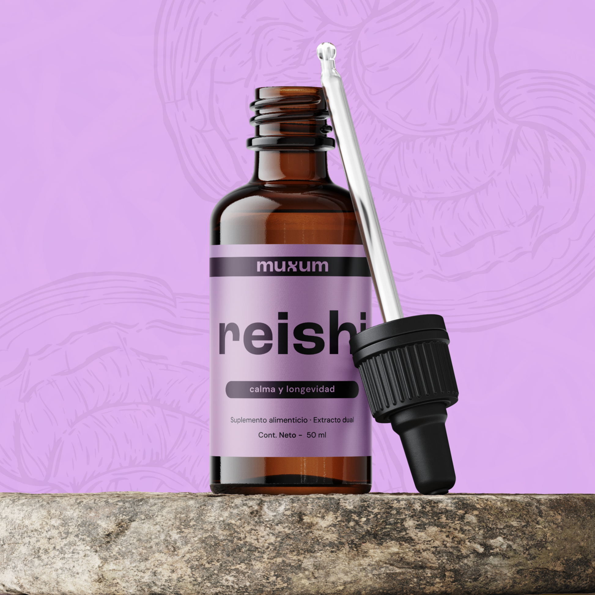 Frasco de Reishi extracto líquido de 50ml Muxum con gotero sobre piedra, suplemento de hongo funcional para calma.